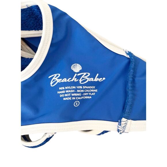 Beach Babe Blue Ribbed White‎ Trim Swim Suit Top Size Small - Picture 3 of 3